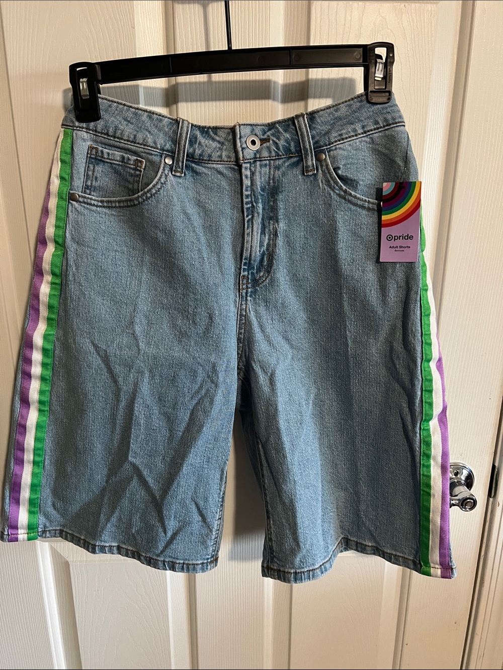 Target Pride Denim Bermuda Shorts with Green &White & Purple Side Stripes